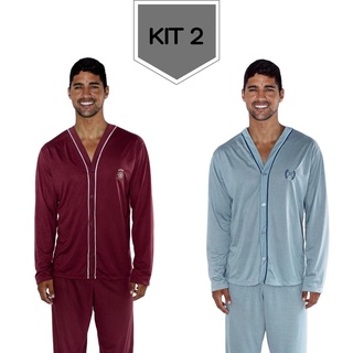 Kit 2 Pijamas Aberto Masculino de Inverno Adulto Homem Manga Longa Calça Liso 040LA