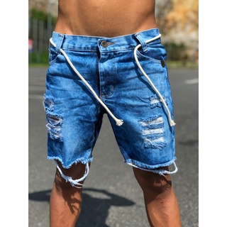 Bermuda jeans masculina curtinha jeans claro curta curtas corda cinto sisal destroyed rasgada moda verão moda masculina