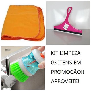 Kit Combo Limpeza Escova Porta Detergente + Flanela + Rodinho de Pia