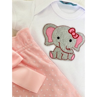 Conjunto bebê menina com aplique bordado lindo elefantinha de laço algodão (4)