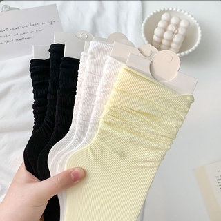 [1 Pair Women Korean INS Style Loose Solid Color Middle Tube Socks] [Spring Autumn Thin Long Girls Students Stacked Soft Socks] [Ladies Daily Casual Calf Socks] (6)