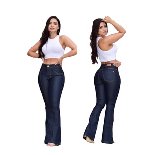 Calça Jeans flare feminina com lycra cintura alta com efeito levanta Bumbum em promoção