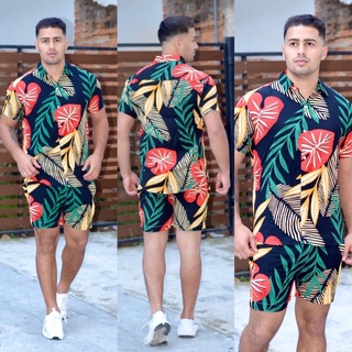 Conjunto Camisa e Short Florido Havaiano Estampado Floral Adulto Masculino Tecido de Viscose
