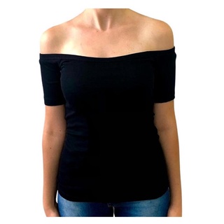 Blusa manga curta ombro a ombro PRETA 96% algodão 4% elastano.