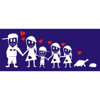 Adesivo Família Feliz - Pai, Mãe, Filho, 2 Filhas, 1Tartaruga, 1 Hamster - 22x9cm