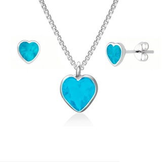 Conjunto Colar e Brinco Feminino de Prata 925 Ponto de Luz Coração Azul Tiffany