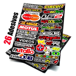 Adesivos Moto Cartela com 26 Adesivos para Moto Bicicleta Carro Som Automotivo Stickers Motocross Caminhao Capacete + BRINDE
