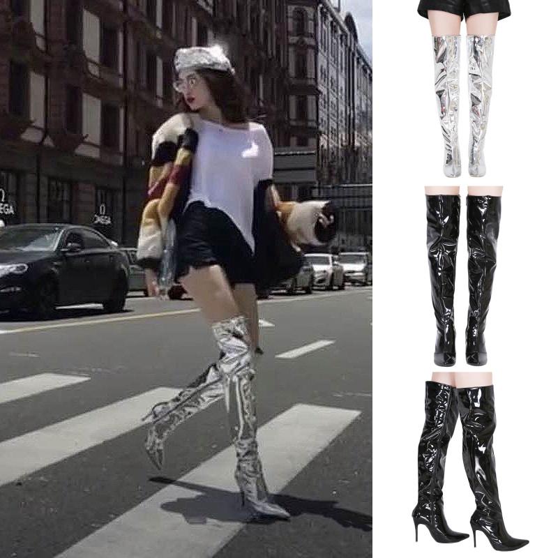Sexy Silver Mirror Thigh Women Shoe Toe Club Party Shoes Thin Over The Knee Long Boots for Women