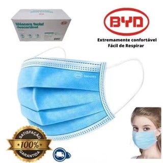 Máscara Facial Descartável Proteção Facial Tripla BYD Filtro Meltblown Clipe com revestimento metal Cx/50 pçs azul