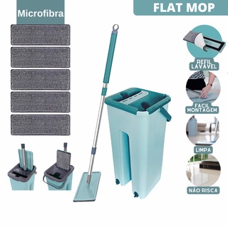 Mop Rodo Flat Tira Pó Esfregão Wash And Dry C/ Tampa Vazao De Agua+ Refil Extra