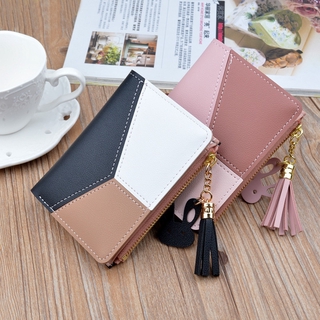 Bolsa de bolso geométrica feminina fofa rosa bolsa titular do cartão patchwork moda bolsa curta moeda (1)