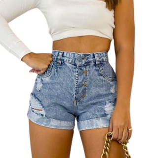 Shorts Jeans Feminino Cintura Alta Cos Alto Desfiado Destroyed Lancamento 2022 Oferta Relampago (4)