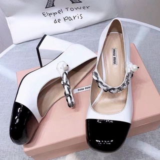 miu miu one word belt 2022 new all-match Mary Jane shoes square toe chunky heel shoes(with box)