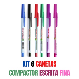 Kit 6 unidades Caneta Compactor 07 Fina - Azul, Preto, Vermelho, Rosa, Roxa e Verde