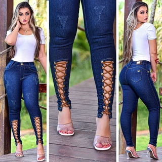 Calça jeans Premium Luxo Modeladora Cordinhas nas pernas Cós Alto com Lycra, Roupa Feminina que Modela o corpo, oferta promoção em dins... Se valorize, compre produto de qualidade....