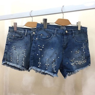 Short jeans Feminina com Perolas Jeans Elástica Cintura Médio Com Bolso (3)