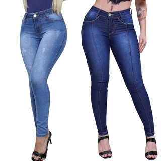 Kit 02 Calças Cós Alto Jeans Feminino Com Elastano Até o Umbigo Skinny Veste bem (Hot Pants)