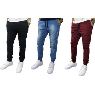 Kit 3 Calças Jogger Jeans e Sarja Masculina Com LYCRA Preta Jeans Camuflado Com Elástico e Cordão (7)