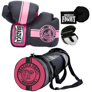 Kit Boxe Muay Thai Luva Bolsa Bandagem Bucal Brazuca - Rosa