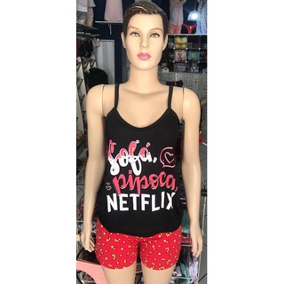 Pijama Baby Doll Adulto Feminino Sofá, Pipoca e Netflix