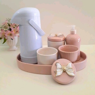 Kit higiene bebê porcelana rosa bandeja oval garrafa térmica (1)