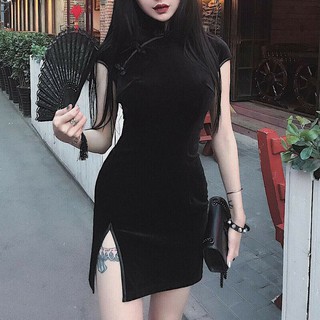 Aa-Vestido Chino Para Mujer Cheongsam Qipao Preto / Mini Vestido Tercioplo