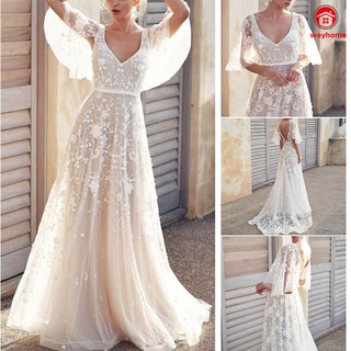 Vestido De Noiva Branco Com Apliques De Renda Para Praia / Vestido De Noiva Com Gola V (1)