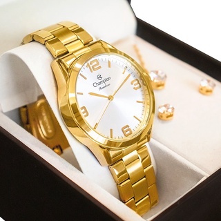 Relógio Champion Feminino Dourado Prova D´Agua + Kit de Brincos e Colar Garantia De Um Ano
