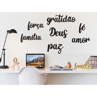 Kit 7 Apliques Palavras Gratidão Família Amor Fé Deus Paz Força Mdf frases Decorativo Preto (1)