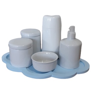 Kit Higiene Bebê Porcelana Branca Nuvem Azul Clean 250 ml menino 6 peças