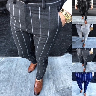 [BGK] Fashion Men Casual Business Slim Fit Striped Print Zipper Long Pants Trousers