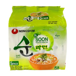 5 Pacotes de Macarrão Vegano Lamen Vegetariano Coreano Soon Veggie Ramyun NongShim 112g - Nature Alimentos