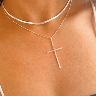 Colar feminino laminado fio cobra prata + Colar Corrente veneziana pingente crucifixo cruz lisa banhado a prata