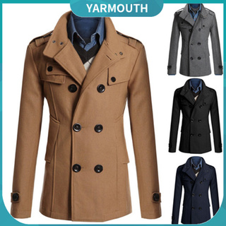 Yar_Men Long Sleeve Lapel Collar Double-breasted Pockets Woolen Slim Trench Coat