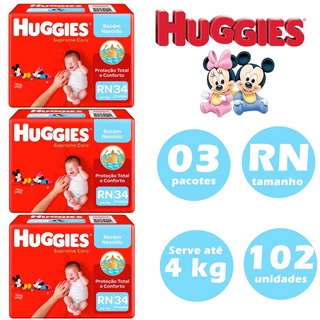 Fralda huggies supreme care RN recém nascido kit c/3 pacote 34 unidades cada (1)