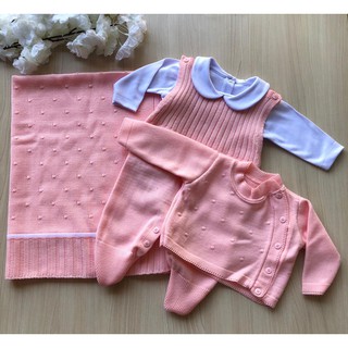 Saída de maternidade de menina rosa bebê 4 peças tricot (1)