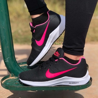 Tenis Feminino Zoom Preto Pink Leve e Confortável para Caminhada Academia Dia a Dia Oferta Promoção