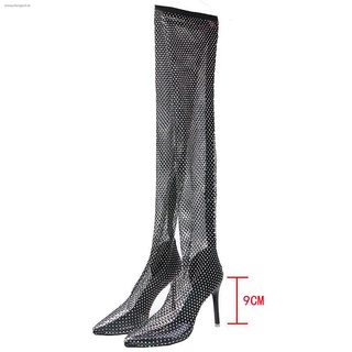 New women s shoes net boots hollow spring European and American net yarn rhinestone over the knee stretch boots high hee (2)