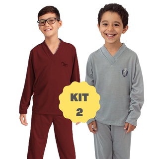 Kit 2 Pijama Infantil Menino Longo Manga Longa Calça Masculino Liso de Frio 040LI (3)