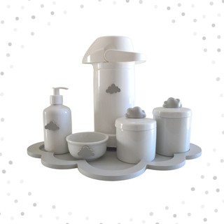 Kit Higiene Cinza Porcelana Bebê Bandeja Nuvem Moderno Sabonete Liquido Atual Pronta Entrega Térmica 500ml Potes Cotonete Algodão + Vendido (1)