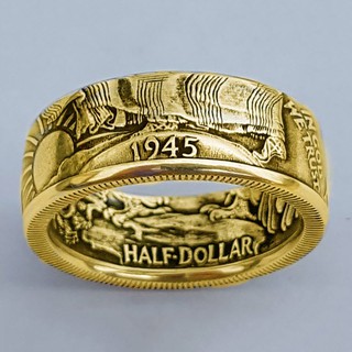 24 K Banhado A Ouro Artesanal Anéis Da Moeda Do Vintage De Prata Morgan Meia Dólar 1945 Esculpida " O Estado Unido De Americano " Anel