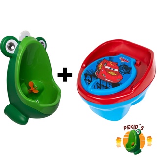 Kit Mictorio Desfralde Sapinho Menino Infantil Verde + Troninho Penico/Pinico Disney Carros 2 em 1 Vermelho/Azul