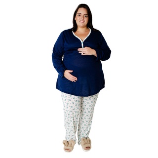 Pijama Plus Size Linda Gestante Inverno Amamentação com Botões