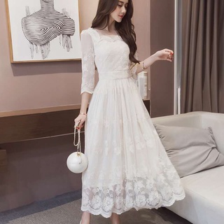Vestido coreano França Malha renda casual vestido branco Verão vestido longo
