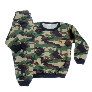 Conjunto moletom flanelado camuflado militar exército calça e casaco com punho masculino infantil menino tamanhos 1,2,3,4,6,8.
