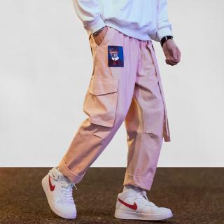 Japanese Streetwear Cargo Pants Men Women Ribbon Letter Embroidery Hip Hop Joggers Trousers Casual Pink Harem Pants (1)