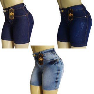 Shorts Jeans Cintura Alta Lycra Meia Coxa Kit Com 3