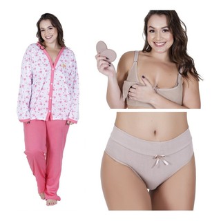 Kit Com 2 Pijamas Longo Amamentação + 2 Sutiãs + 2 Calcinha