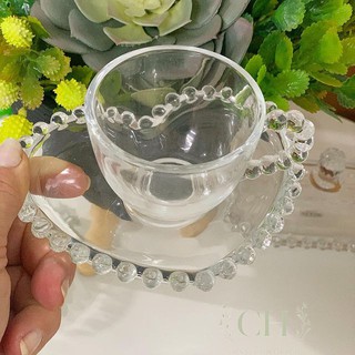 Xícara Café Com Pires Bolinha de Coração de Vidro Cristal Pearl Transparente 85ml - Wolff 28383