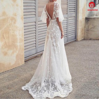 Vestido De Noiva Branco Com Apliques De Renda Para Praia/Gola V (7)